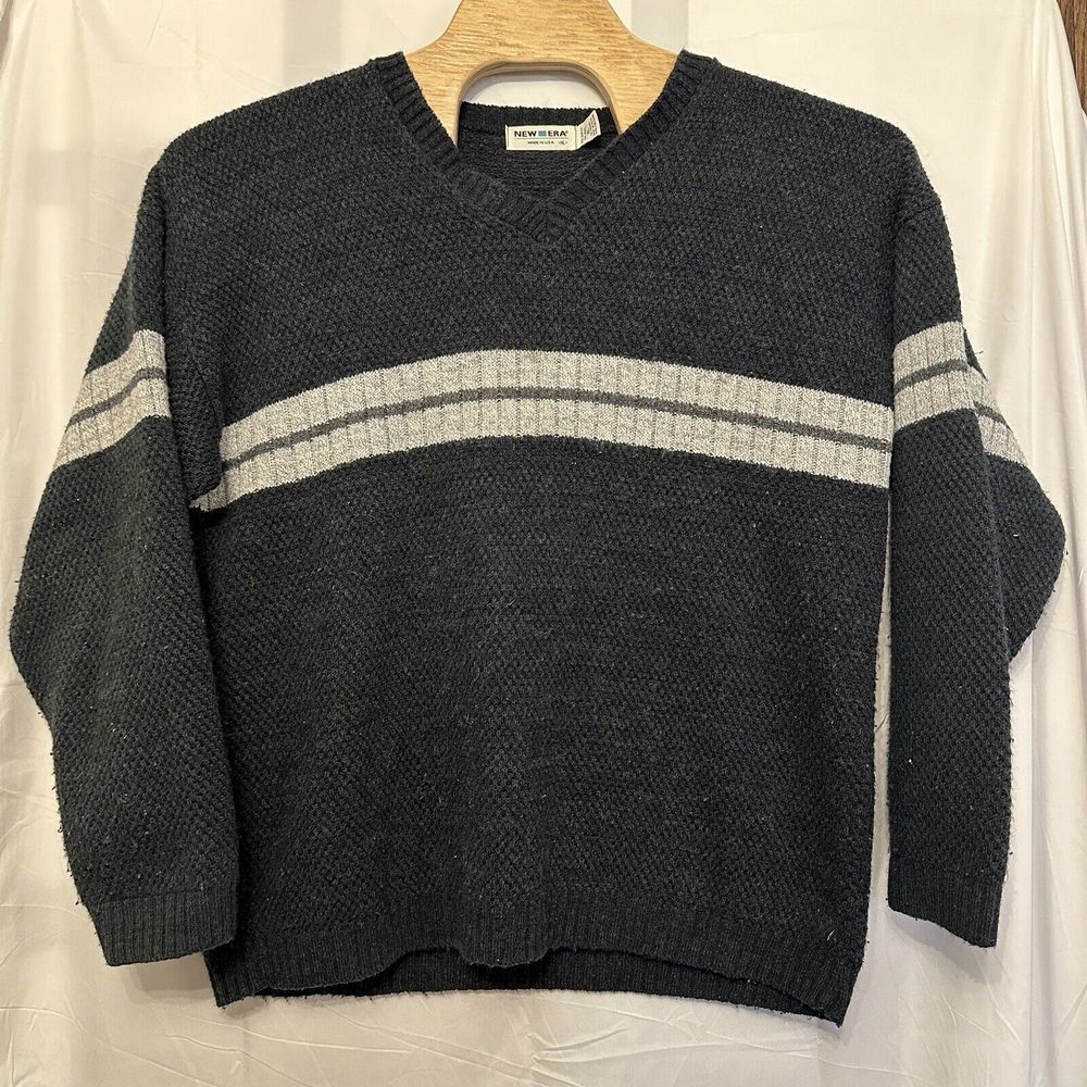 Vtg New Era Sweater Mens Size‎ XL Navy Blue Gray Acrylic Wool Knit USA Made